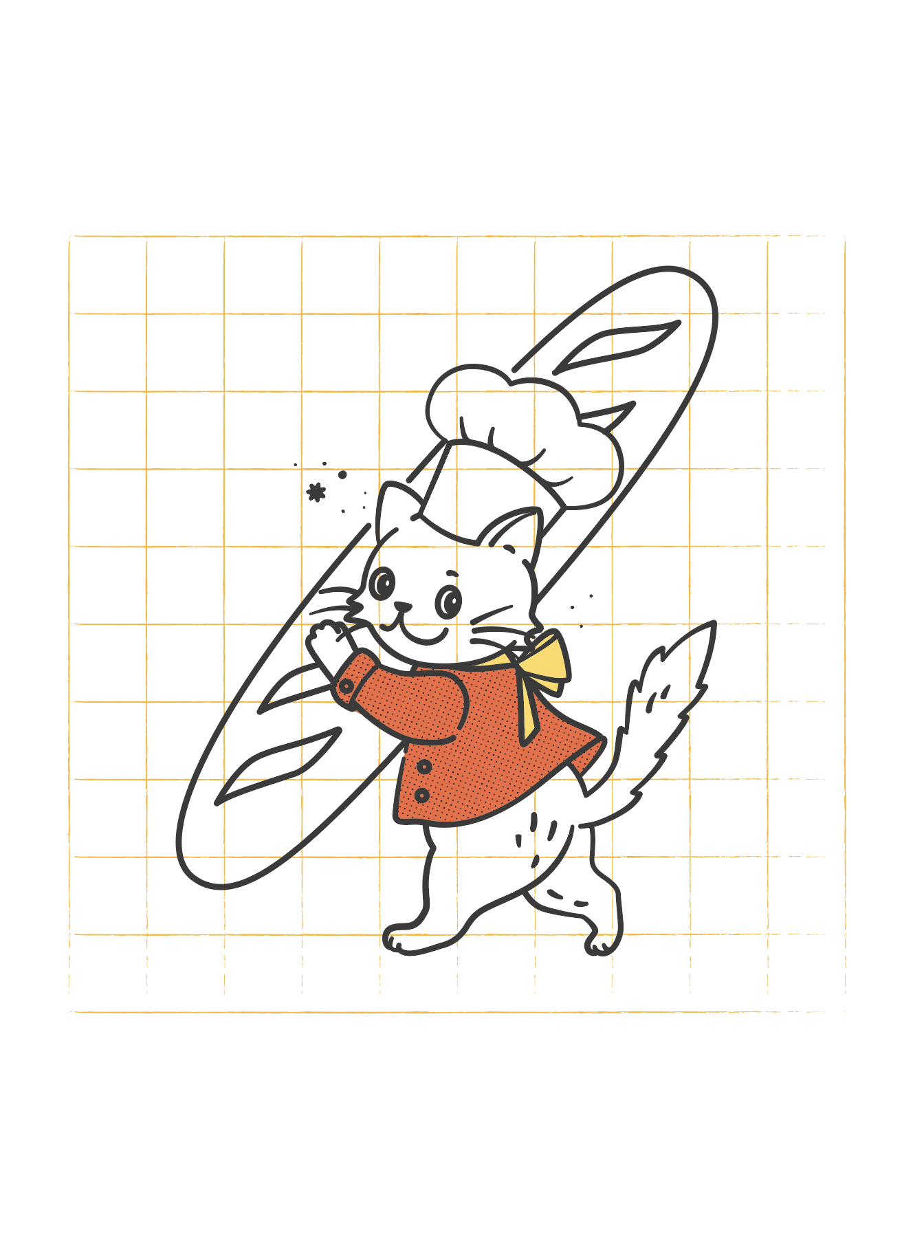 Illustration of a cat dressed as a baker holding a baguette