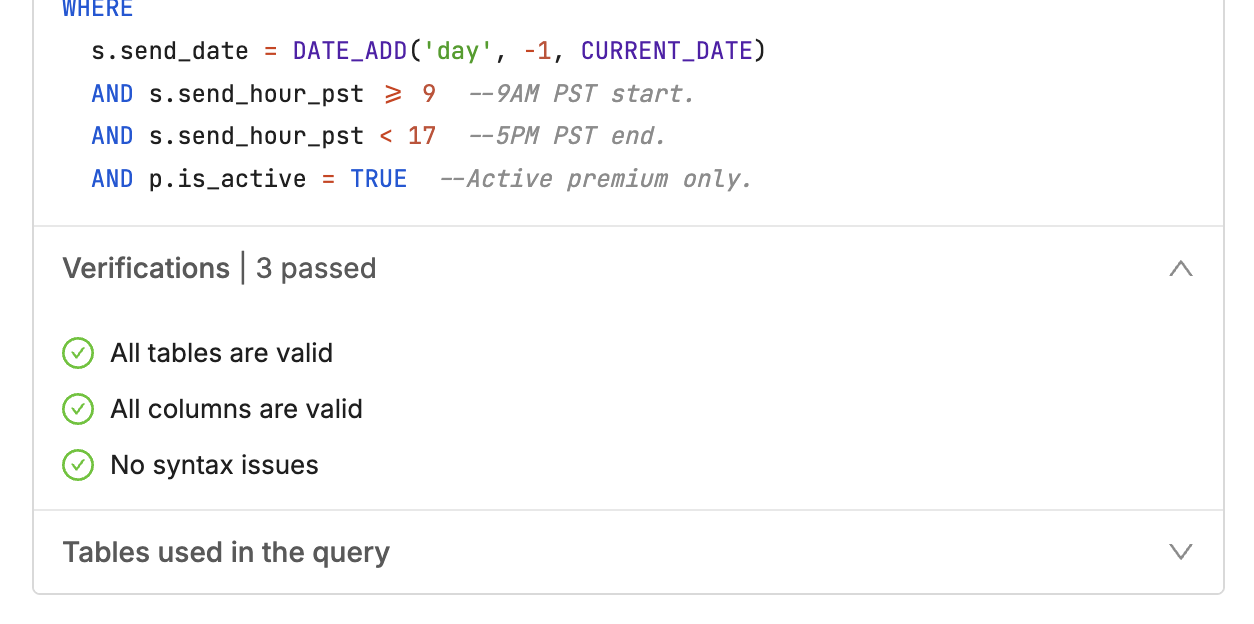 SQL Bot showing verification checks on a generated query